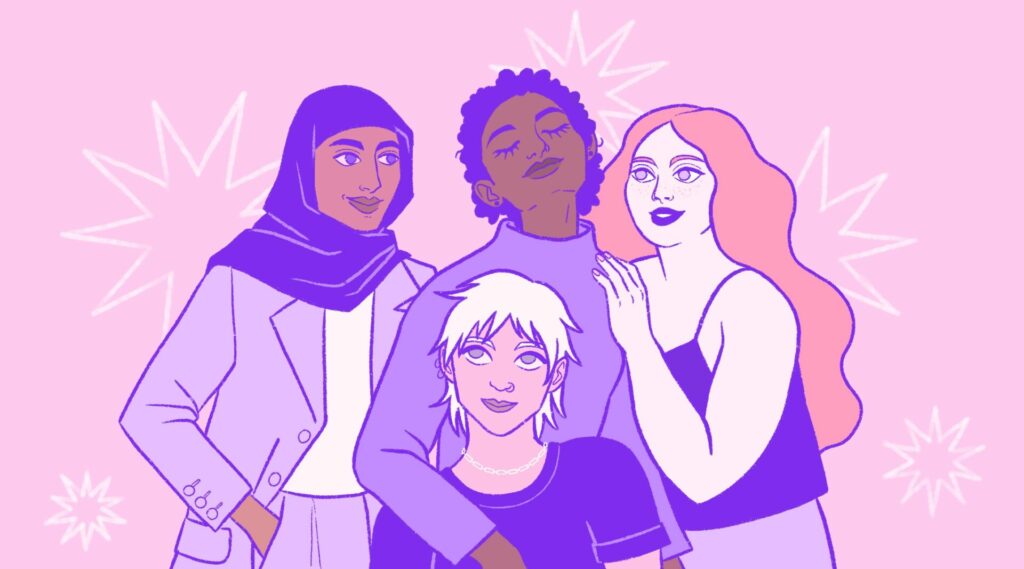 pink and purple illustration of four women together