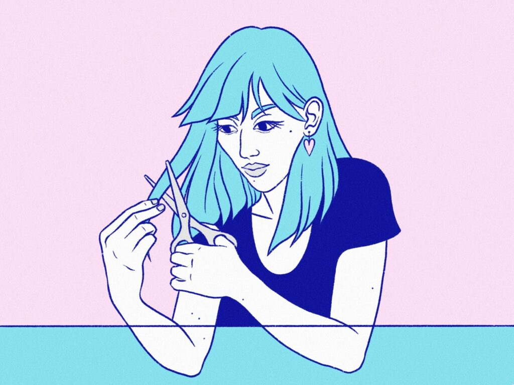 pink and blue illustration of a woman cutting her hair